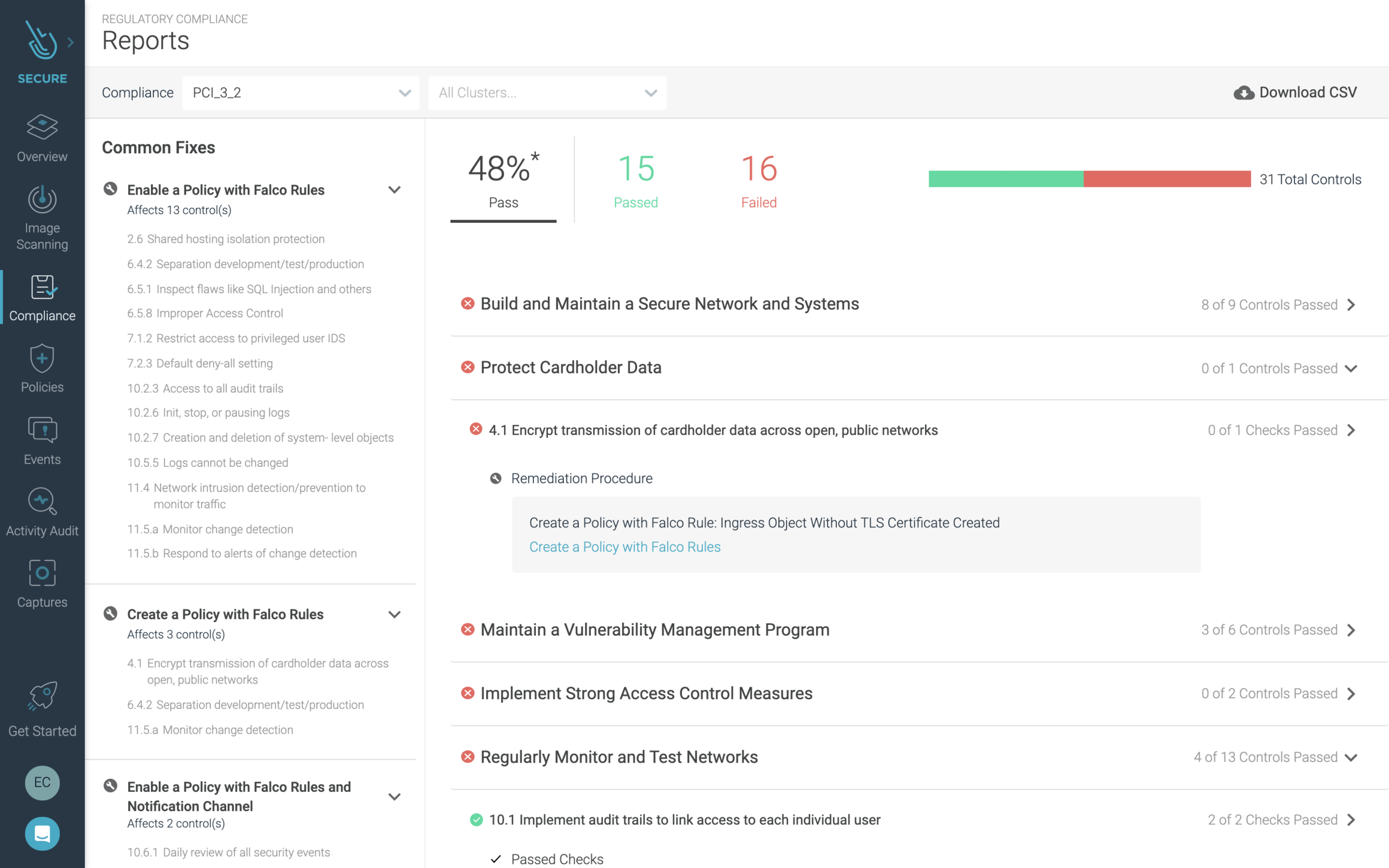 Container compliance dashboard in Sysdig Secure