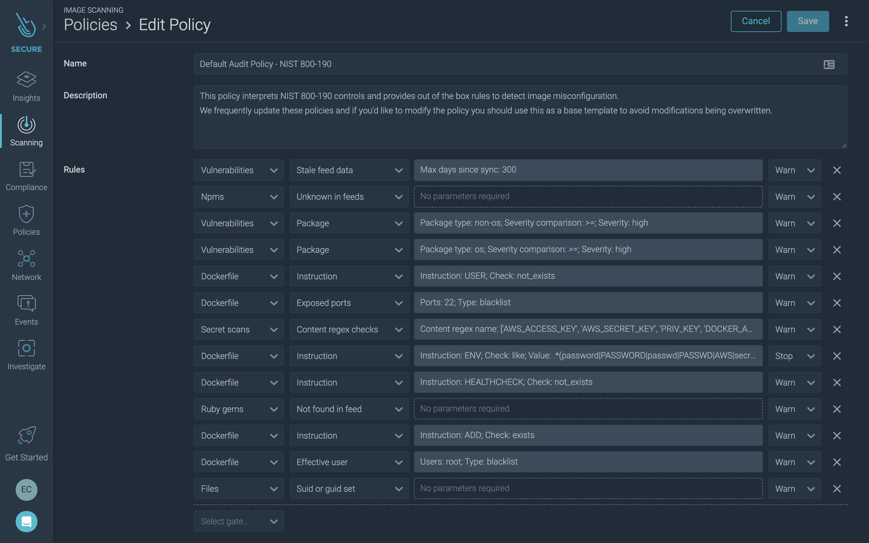 Sysdig image scanning compliance policy