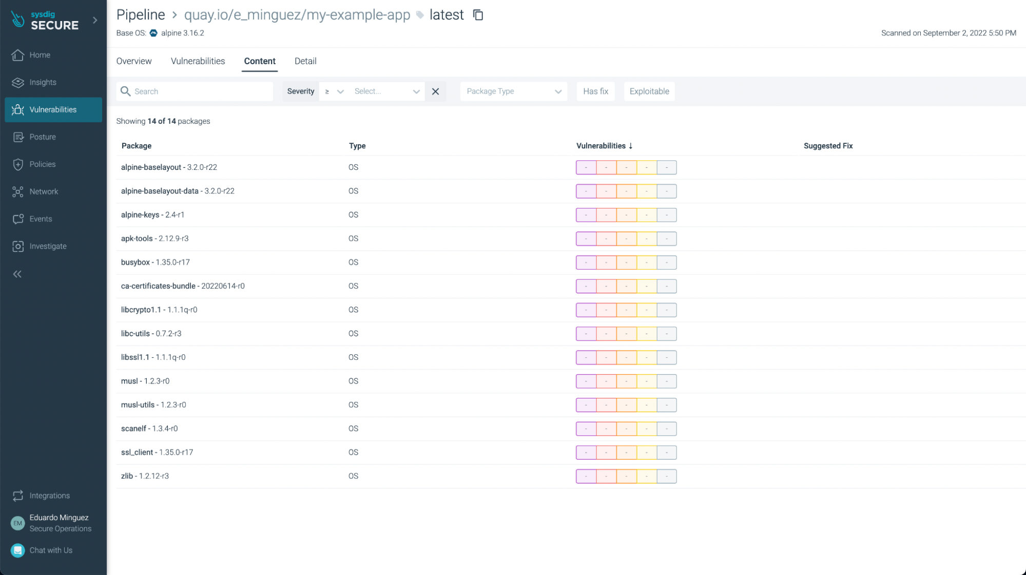 Sysdig vulnerability with 0 issues found screenshot