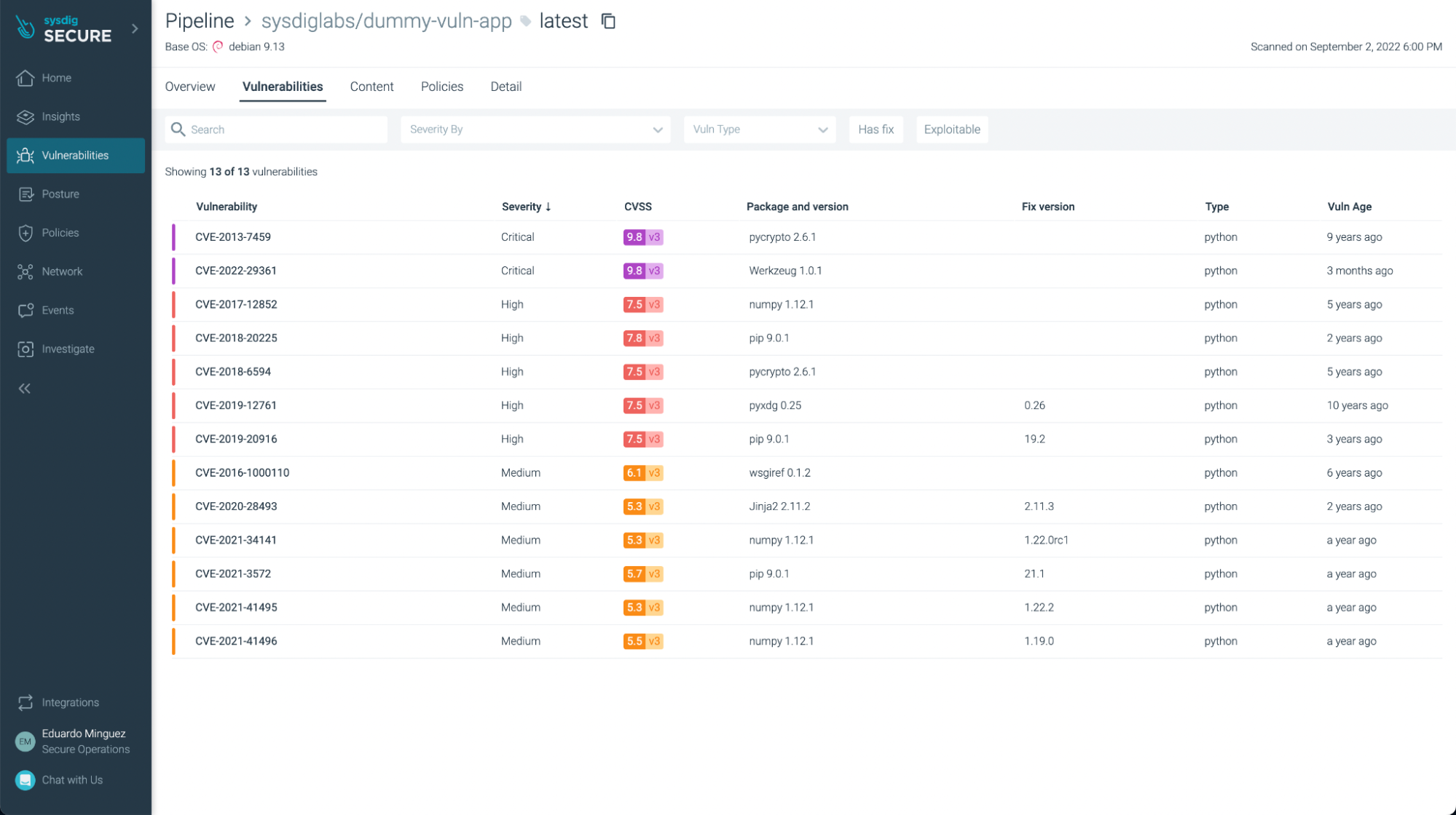 Sysdig vulnerability scan UI showing some vulnerabilities found screenshot