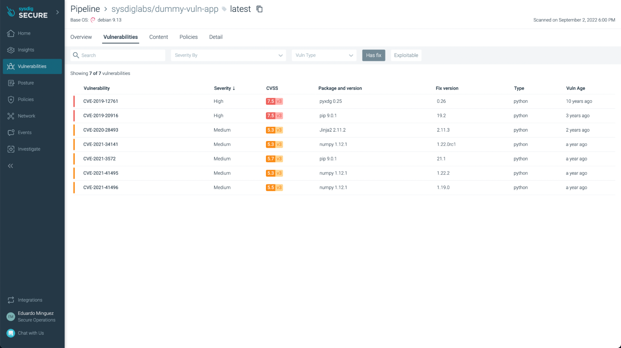 Sysdig vulnerability scan UI showing filtered vulnerabilities by the ones that has a fix already available screenshot