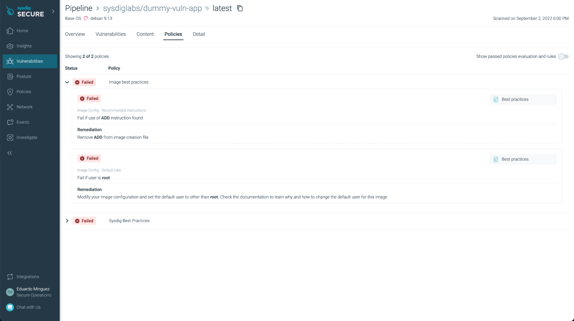 Sysdig vulnerability scanning UI showing the list of failed policies