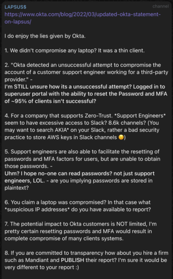 Lapsus message Telegram Okta breach