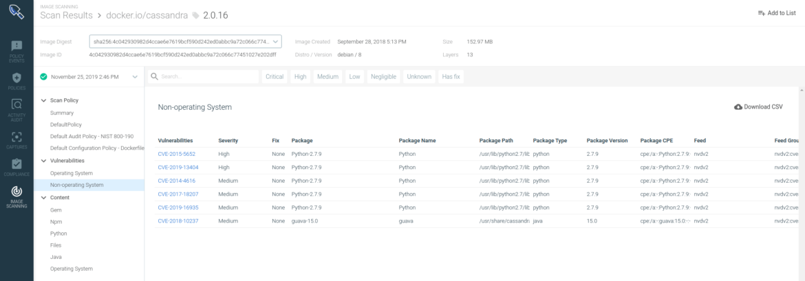 Vulnerabilities affecting one image scanned by Sysdig Secure