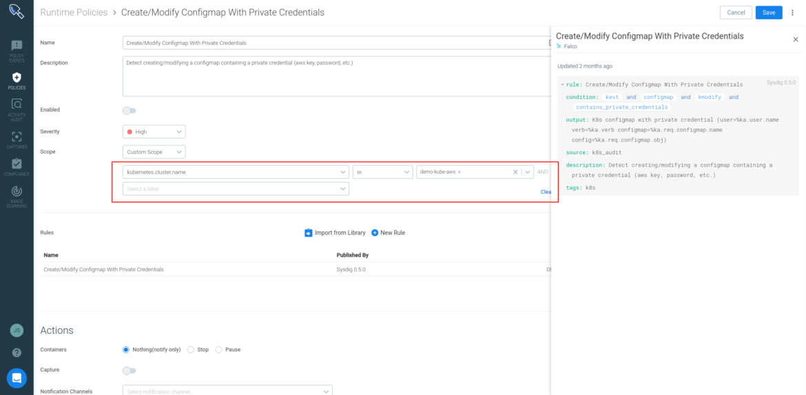 Scope selector for runtime policies in Sysdig Secure