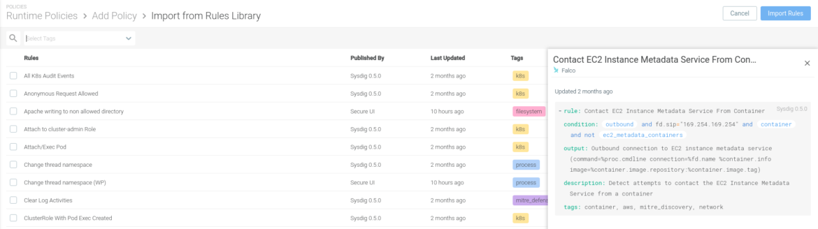 Out of the box runtime policies available in Sysdig Secure