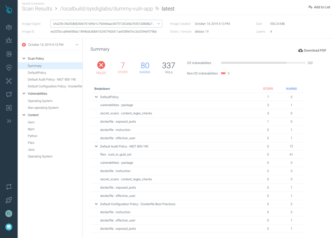 Summary of the Image Scanning results in Sysdig Secure