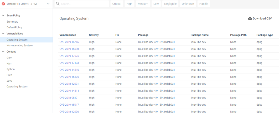 Operating system vulnerabilities affecting a scanned image, displayed in Sysdig Secure.