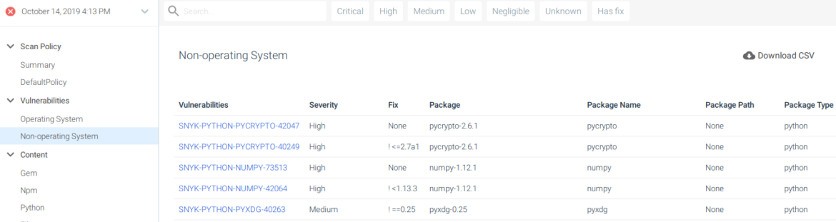 Non-operating system vulnerabilities affecting an image, displayed in Sysdig Secure