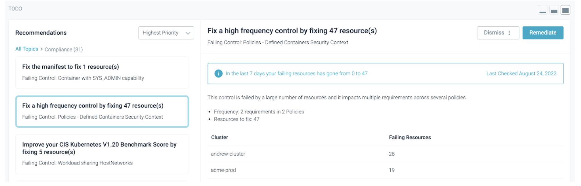 Screenshot showing a failing compliance control that is failed by a large number of resources and impacts multiple requirements across several policies.