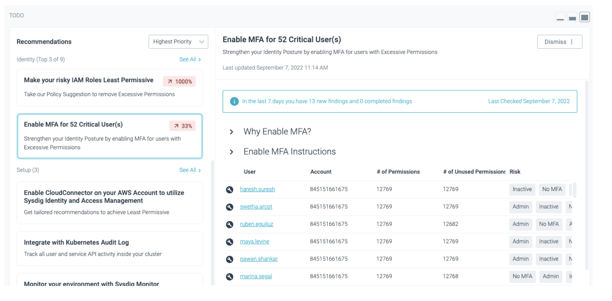 Screenshot showing how ToDo calls out the users that have been deemed to have a critical risk and do not have MFA (Multifactor Authentication) enabled.