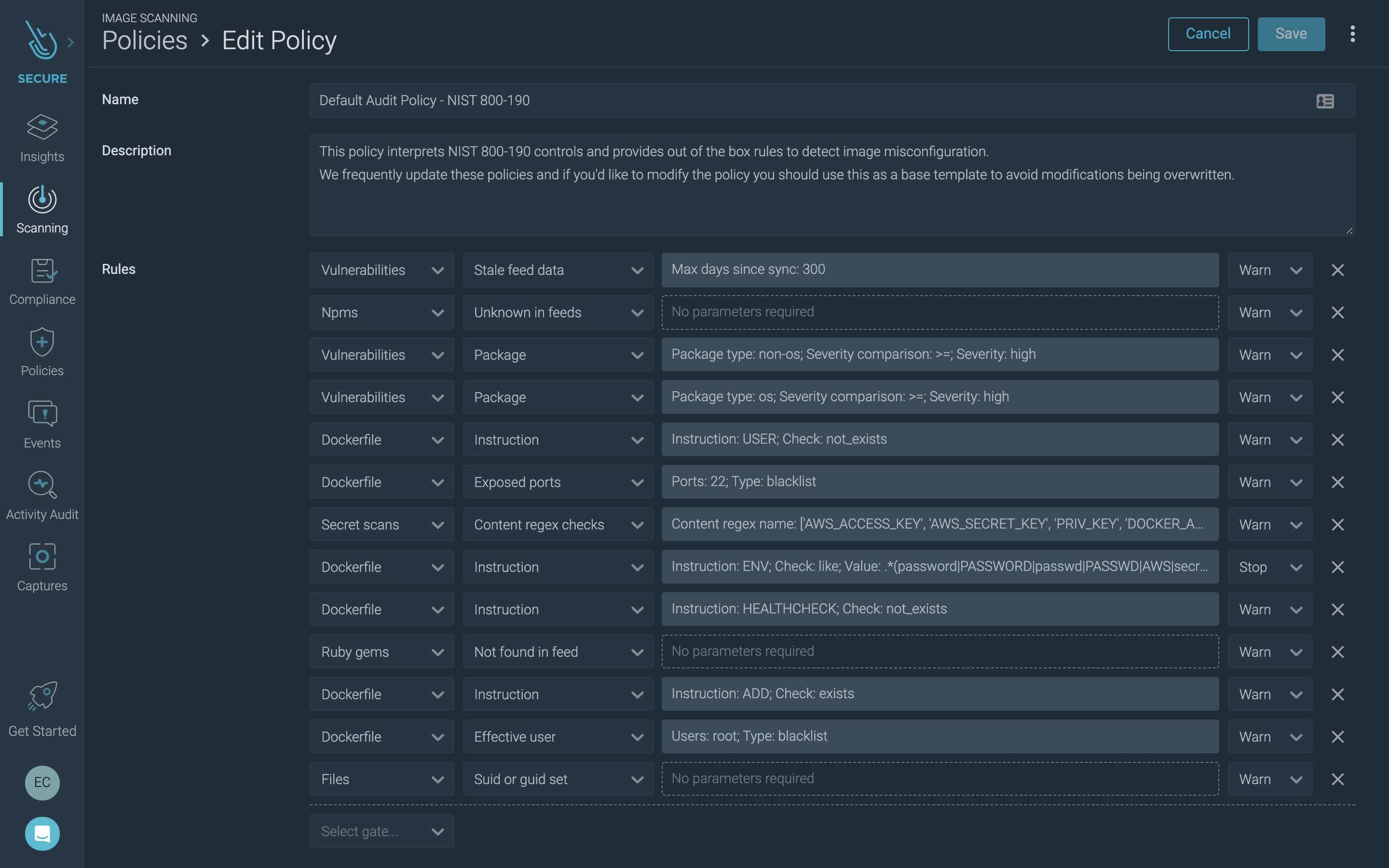 Sysdig Secure NIST scanning policy