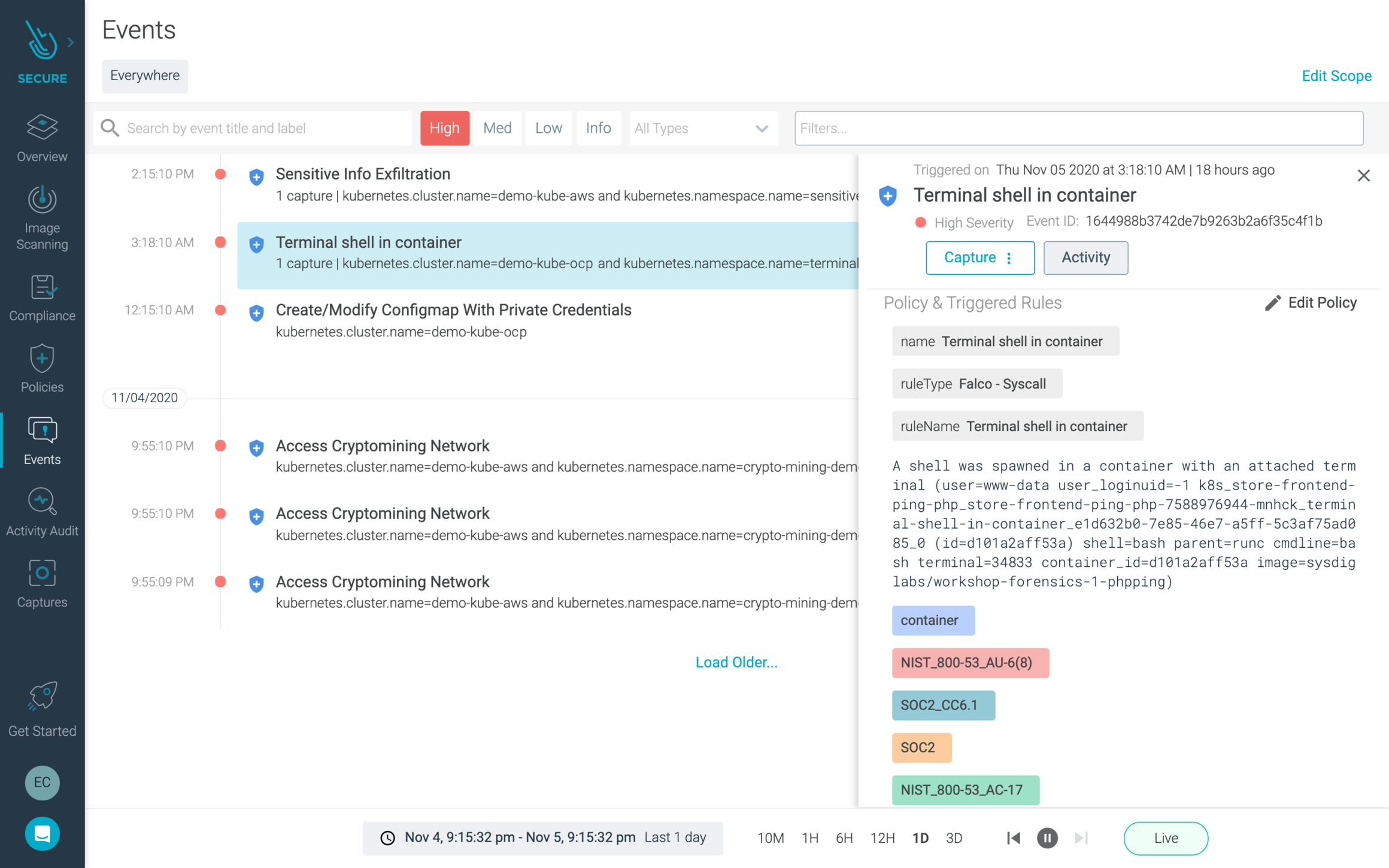 cluster security events in Sysdig Secure with Advanced Cluster Management