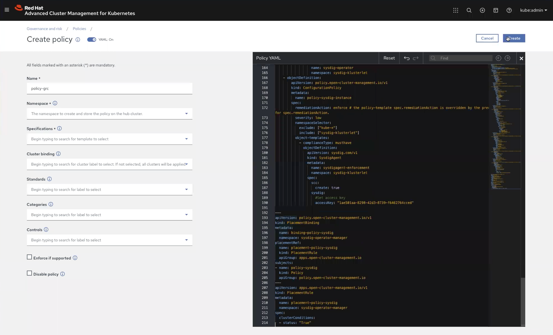 Creating the Sysdig policy yaml for ACM